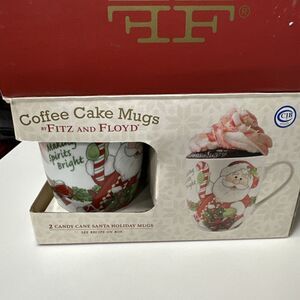 Fitz and Floyd Christmas "Making Spirits Bright" 2 Candy Cane Santa Holiday Mugs